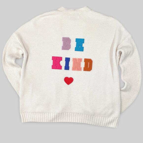 Be Kind Letterman Sweater XS White Retro 50s Rainbow Patches Fall Layer - Picture 2 of 14